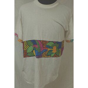 Galapagos Unisex XL White Embroidered Birds Geometric Colorful Crew Neck T-Shirt